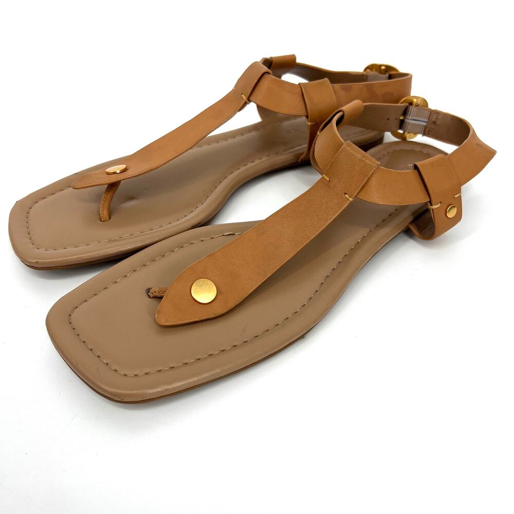 Aerosoles Carmina T Strap Flat Sandals Camel with Gold Accents Size 11